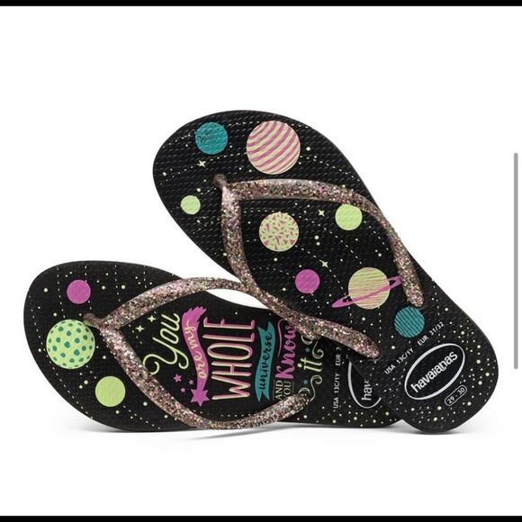 NWT ⚜️ HAVANIANAS BLACK & PINK, YOU ARE MY WHOLE UNIVERSE FLIP FLOP, BIG KIDS - Picture 1 of 6